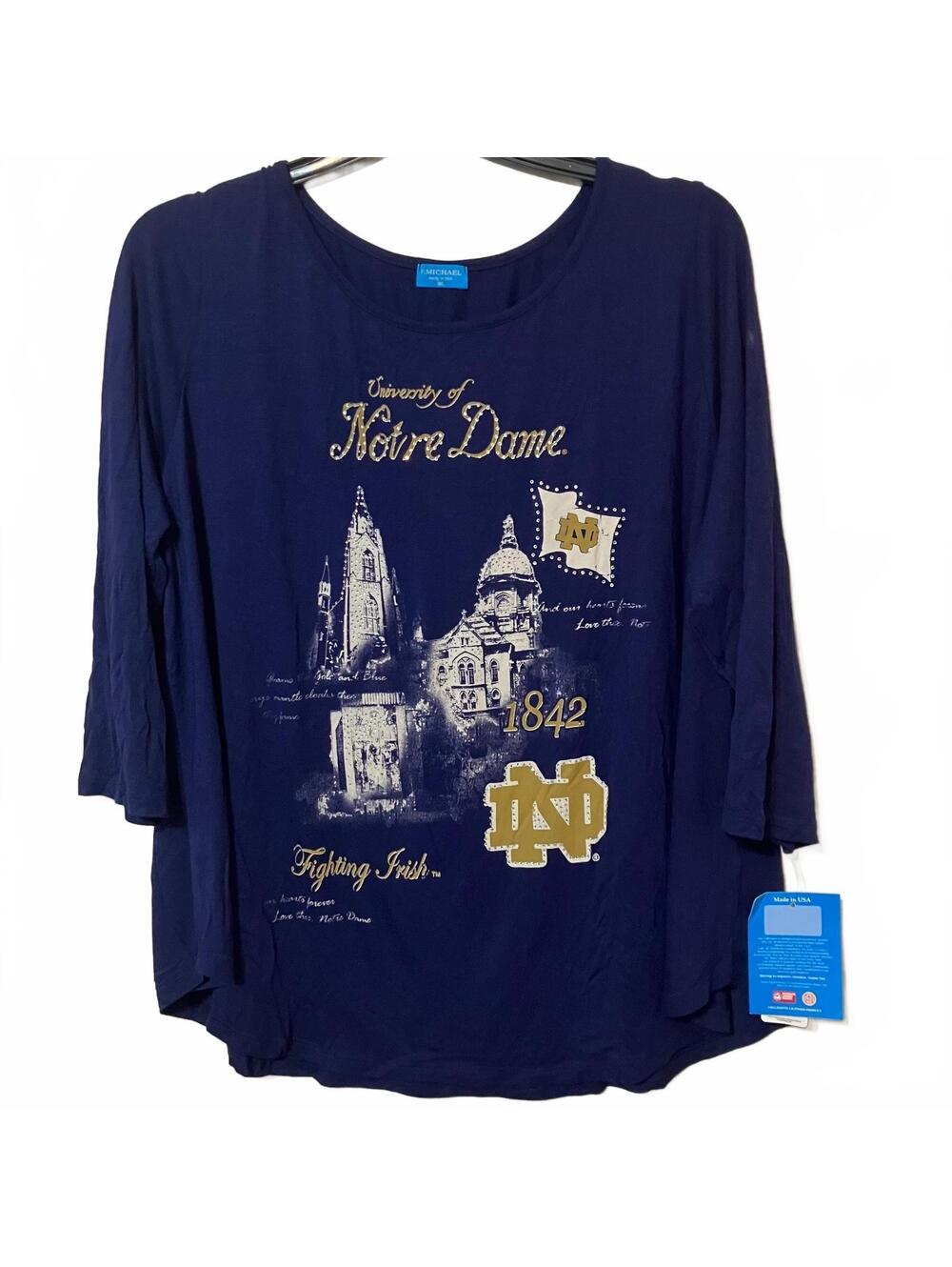 University of Notre Dame Y2K Vintage Cute Navy Blue 3/4 Sleeve Shirt Size XL-New